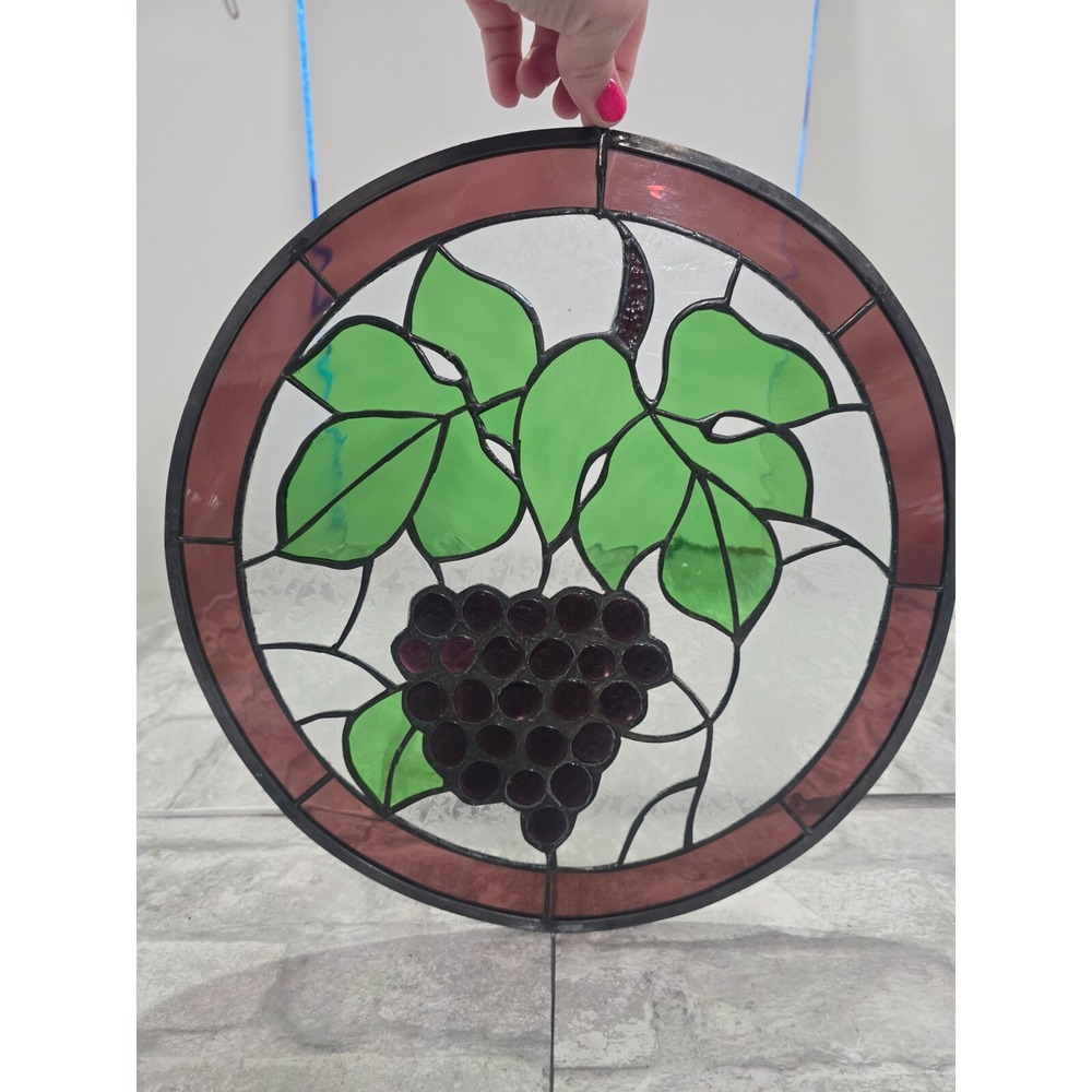 13" Round Stained Glass Window Purple Grapes Bunch Leaves Home Decor